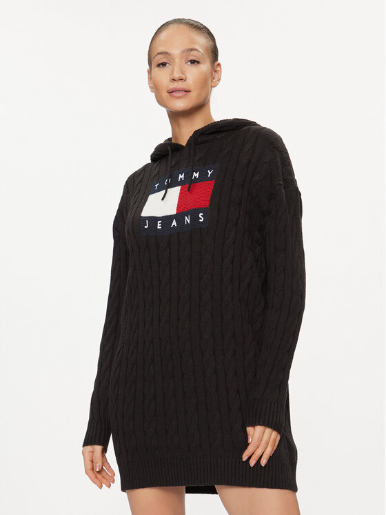 Tommy Jeans Rochie tricotată Cable Flag DW0DW16486 Negru Regular Fit