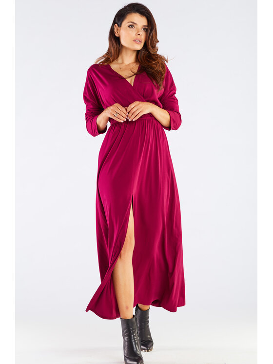 Awama Awama Sukienka letnia A454 Bordowy Basic Fit