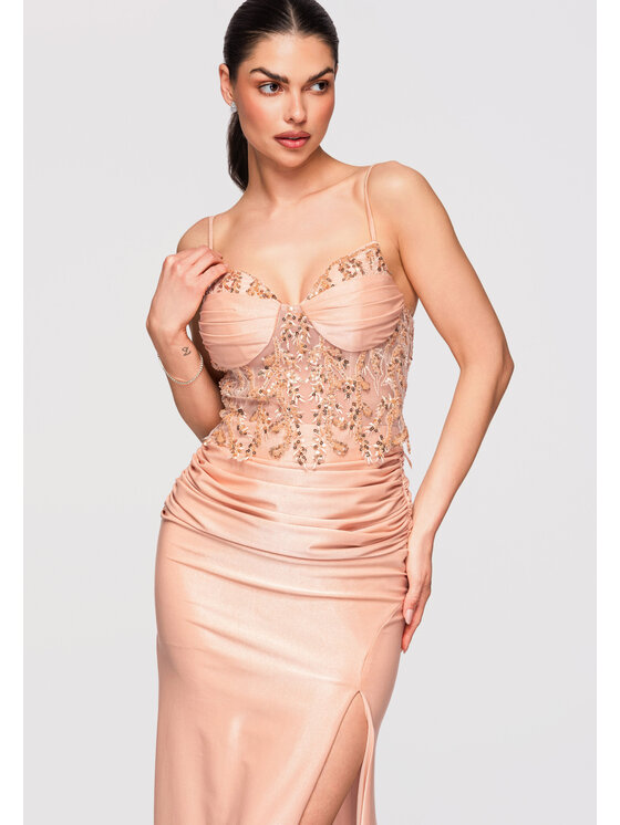 Ombre Ombre Sukienka wieczorowa LA-OM-DLR322 Beżowy Slim Fit
