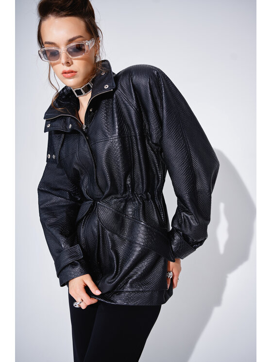 Mimika Mimika Kurtka skórzana Parka z wężową strukturą Czarny Oversize
