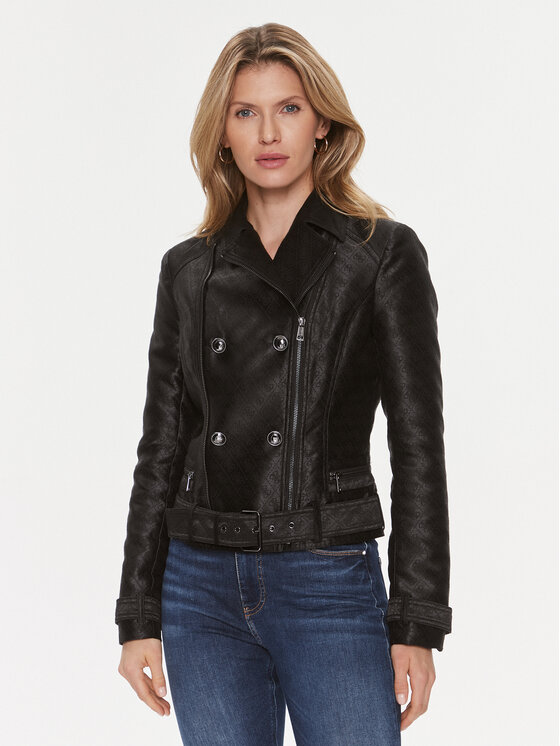 Guess Jakna Od Imitacije Kože Olivia Moto Jacket W3YL25 WFIR2 Crna Regular Fit