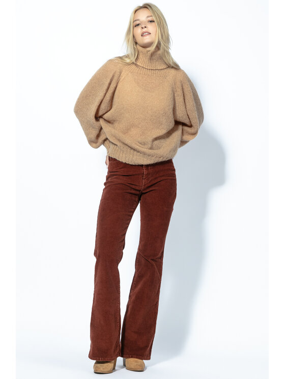 Sweter, rozmiar 36/38, Brązowy, BEZSZWOWY OVERSIZOWY SWETER Z GOLFEM Z WEŁNY ALPAKI F1729
