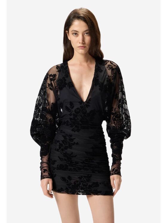 PINKO PINKO Haljina Roulette dress tulle stampa flock Crna Slim Fit