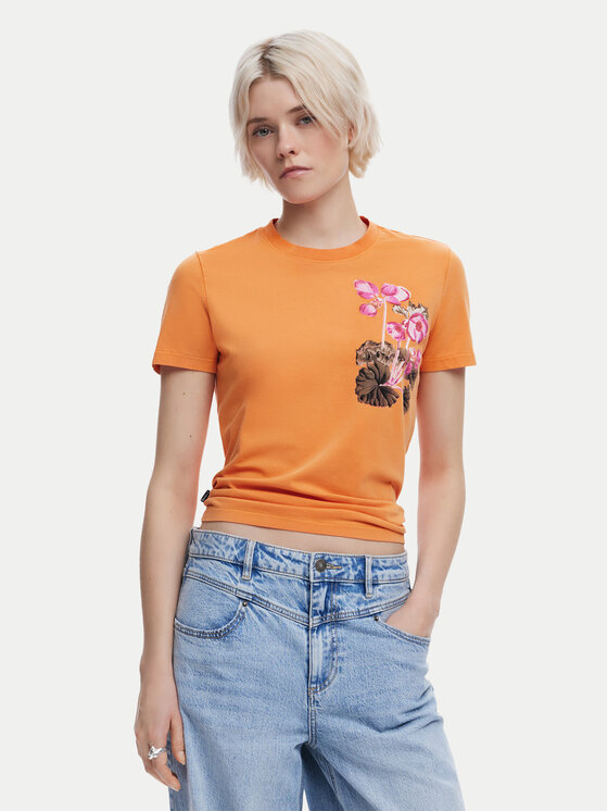 Desigual Tričko Botanical 25SWTK48 Oranžová Slim Fit