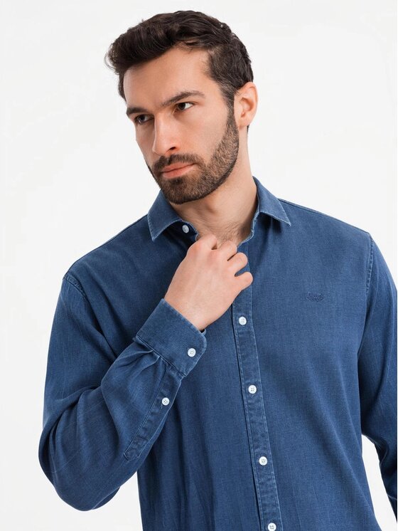 Ombre Ombre Koszula jeansowa OM-SHDS-0180 Niebieski Regular Fit