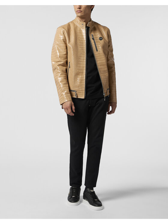 PHILIPP PLEIN PHILIPP PLEIN Kurtka skórzana 29937 Beżowy Slim Fit