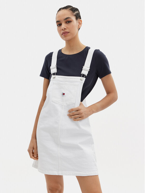 Tommy Jeans Jeans Obleka Pinafore DW0DW17680 Bela Regular Fit