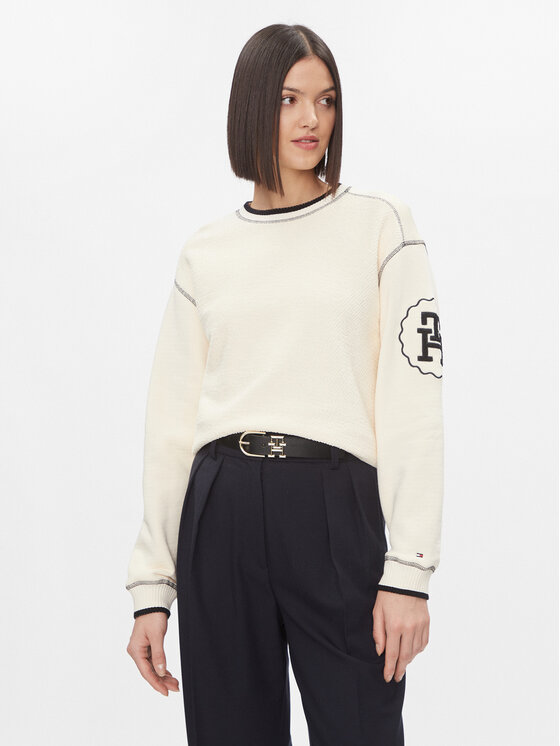 Tommy Hilfiger Tommy Hilfiger Pulóver Lrg Smd Texture C-Nk Sweatshirt WW0WW40575 Ekru Regular Fit