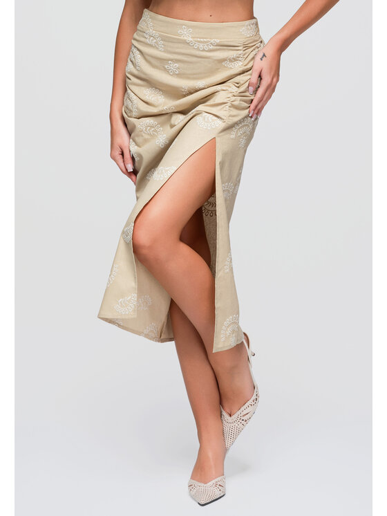 Ombre Ombre Spódnica midi OW-GL-E0019 Beżowy Slim Fit