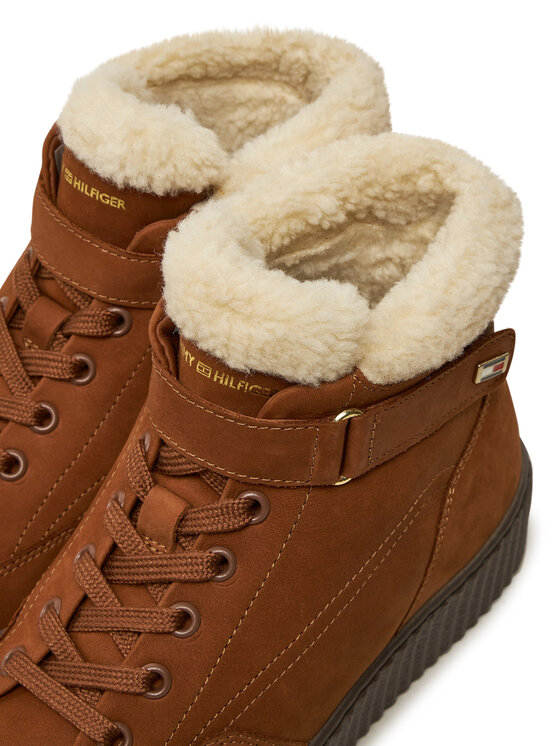 Tommy Hilfiger Tommy Hilfiger Škornji Faux Fur Nubuck Low Lace-Up FW0FW08172 Rjava