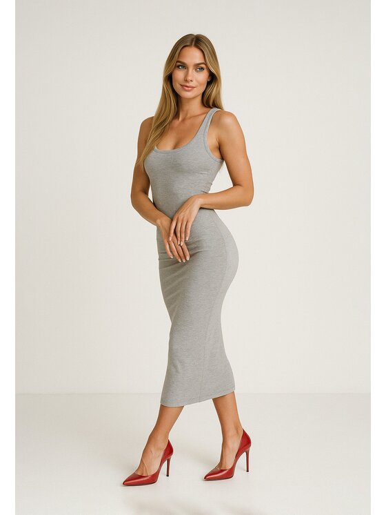 Nudyess Nudyess Sukienka letnia Tina midi z prążka Szary Fitted Fit