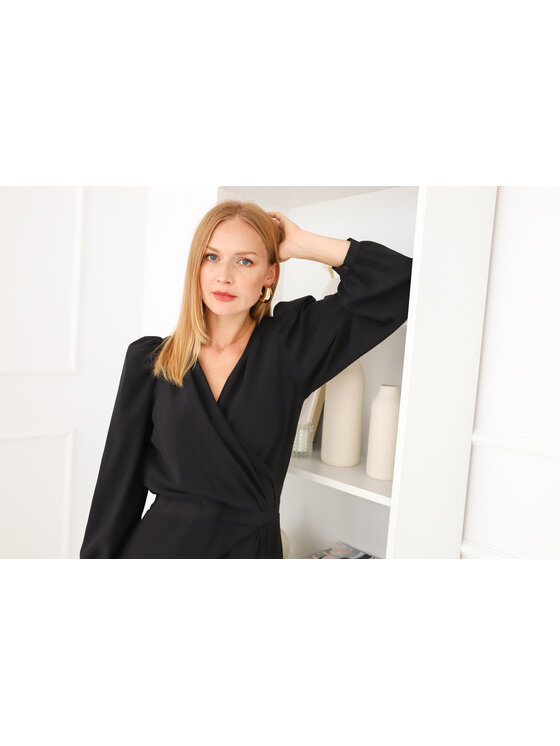 Entelier Entelier Sukienka koktajlowa bufiasty rękaw Czarny Comfortable Fit