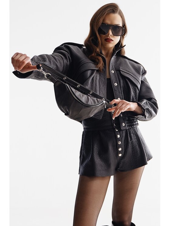 Mimika Mimika Kurtka skórzana Bomber 7 textured brown Brązowy Oversize