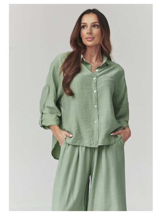 Makadamia Makadamia Komplet koszula i spodnie materiałowe C49 Zielony Loose Fit