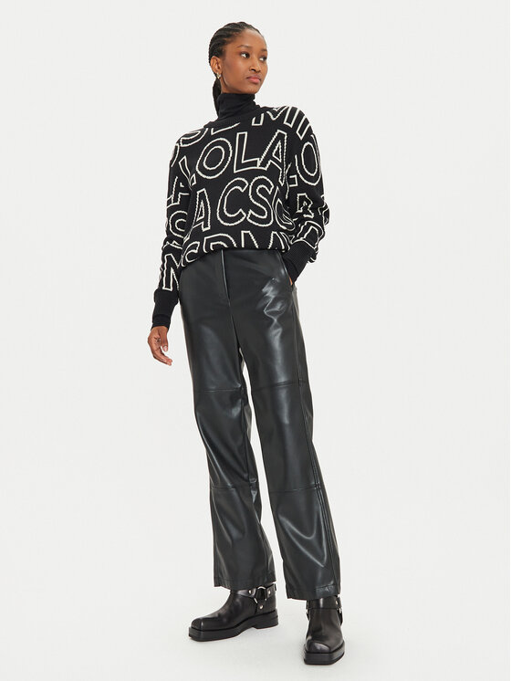 Max Mara Leisure Max Mara Leisure Kalhoty z imitace kůže Struzzo 2426786098 Černá Straight Fit