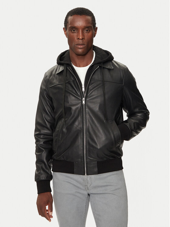 Serge Pariente Serge Pariente Lederjacke Amos Hood Schwarz Regular Fit