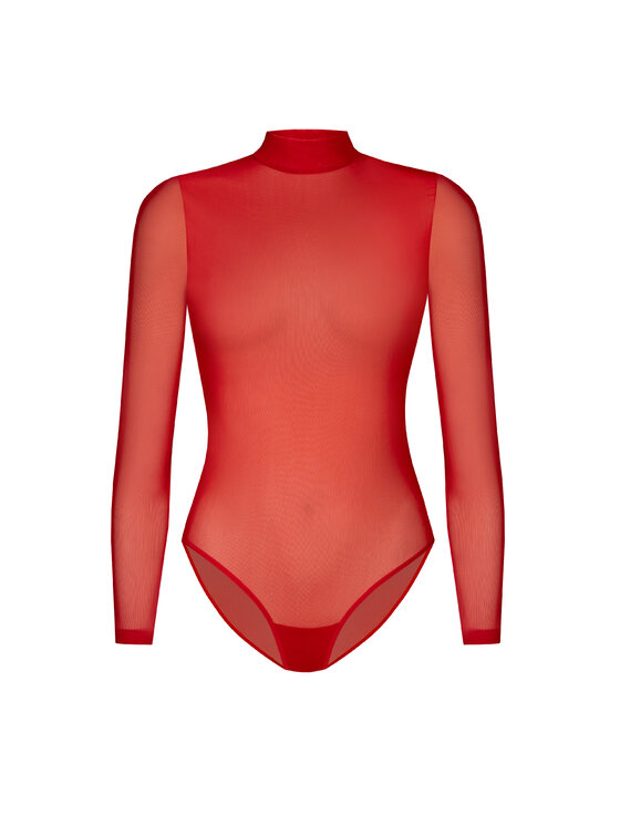 Teyli Teyli Body z transparentnej siateczki z półgolfem Amy Czerwony Regular Fit