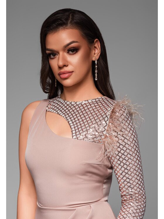 Ombre Ombre Sukienka koktajlowa LA-OM-DLR034 Beżowy Regular Fit