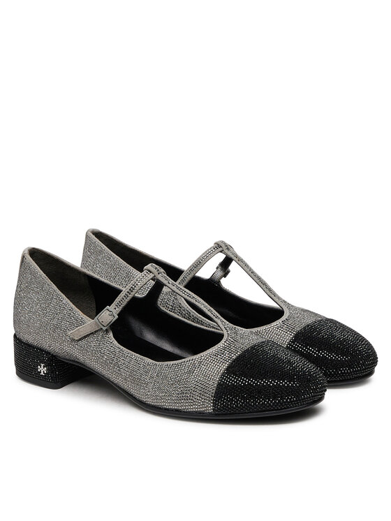 Tory Burch Tory Burch Baleríny Cap-Toe T-Strap Pave Heeled 159830 Stříbrná