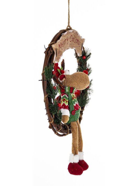 MIAhome MIAhome Figurka dekoracja renifer w kole w zielonym ubranku 47x33x10 cm Kolorowy