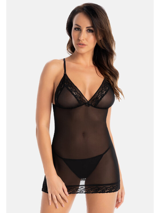 Teyli Teyli Koszula nocna z koronką Inni Czarny Slim Fit