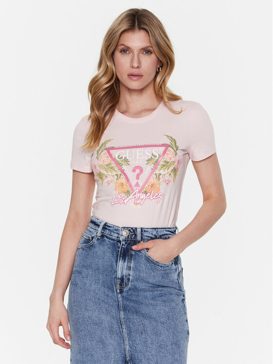 Guess T-shirt Triangle Flowers W3GI41 J1314 Ružičasta Slim Fit