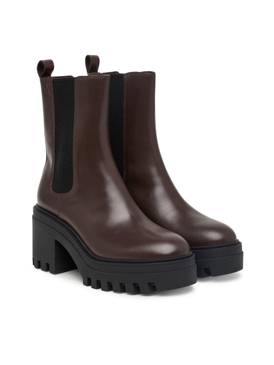 Calvin Klein Calvin Klein Polokozačky Chunky Heeled Chelsea Lth YW0YW01547 Tmavě hnědá