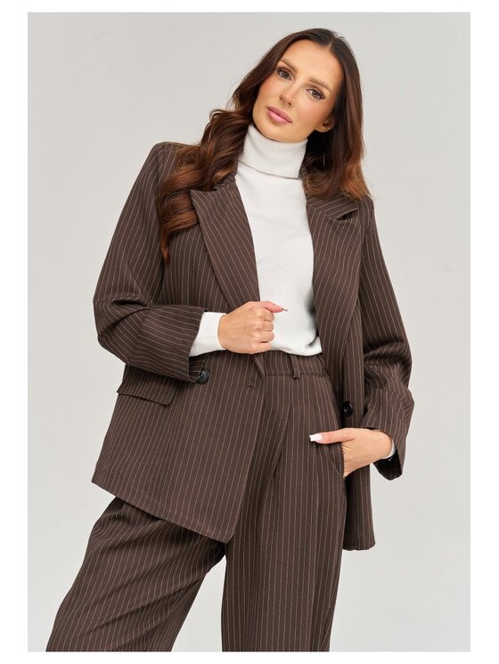 Makadamia Makadamia Komplet żakiet i spodnie materiałowe C102 Brązowy Loose Fit