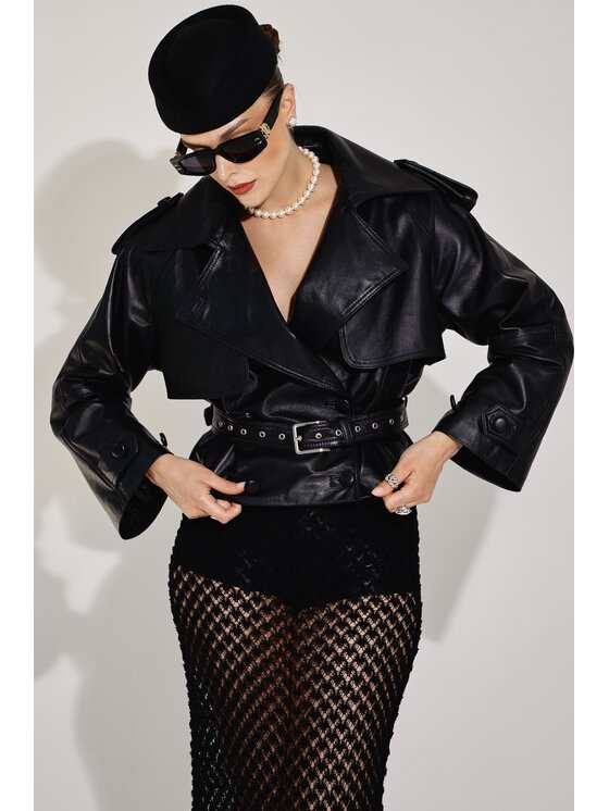 Mimika Mimika Kurtka skórzana lenny 2.0 krótki trench absolute black Czarny Oversize