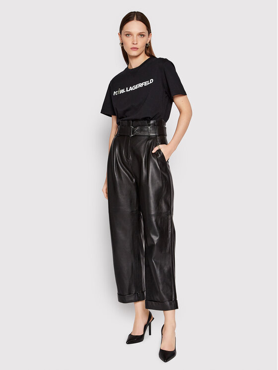 KARL LAGERFELD KARL LAGERFELD Кожени панталони High Waist 220W1900 Черен Relaxed Fit