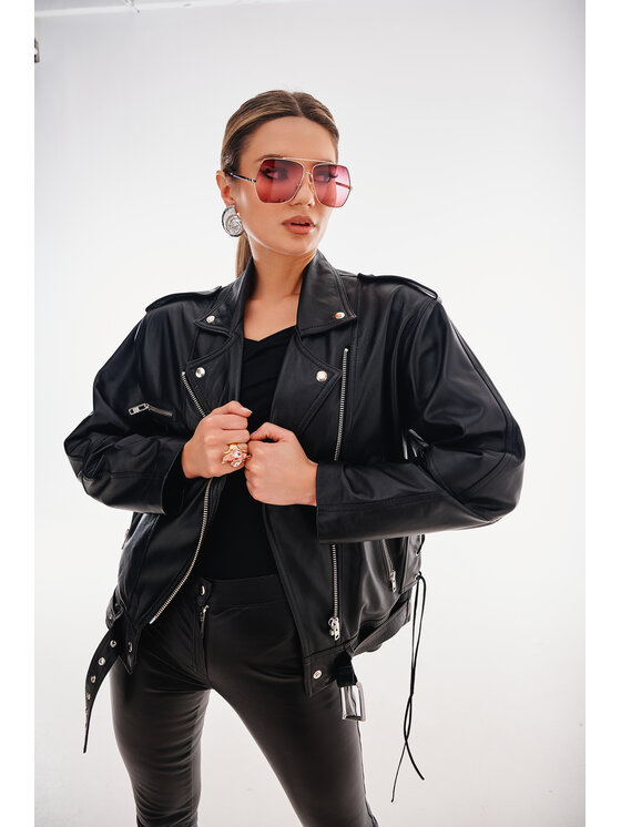 Kurtka skórzana, rozmiar M/L, Czarny, Ramoneska Oversize w stylu lat 80s Malasaña