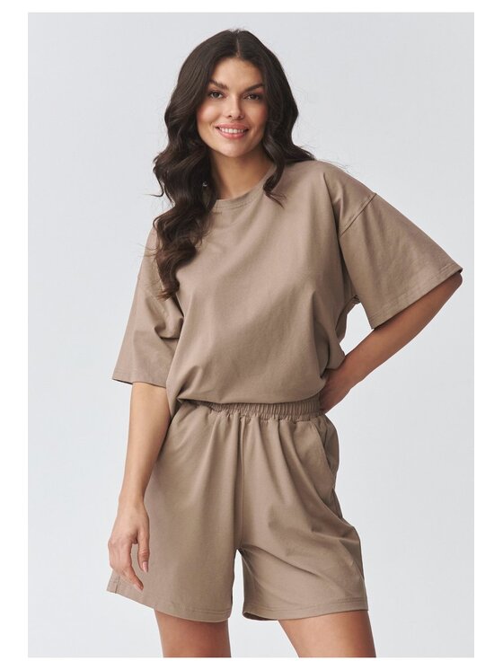 Makadamia Makadamia Komplet bluzka i szorty sportowe M935 Brązowy Loose Fit