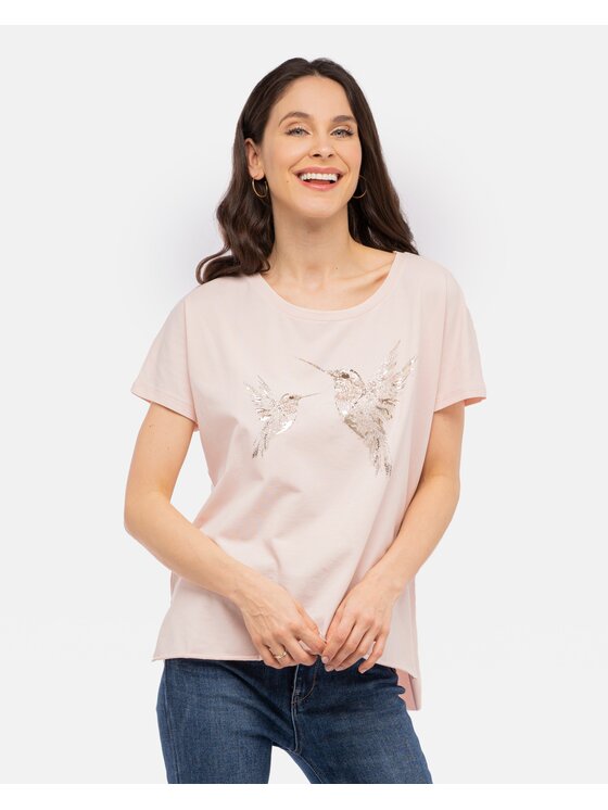 Perso Perso T-Shirt z błyszczącym nadrukiem Różowy Regular Fit
