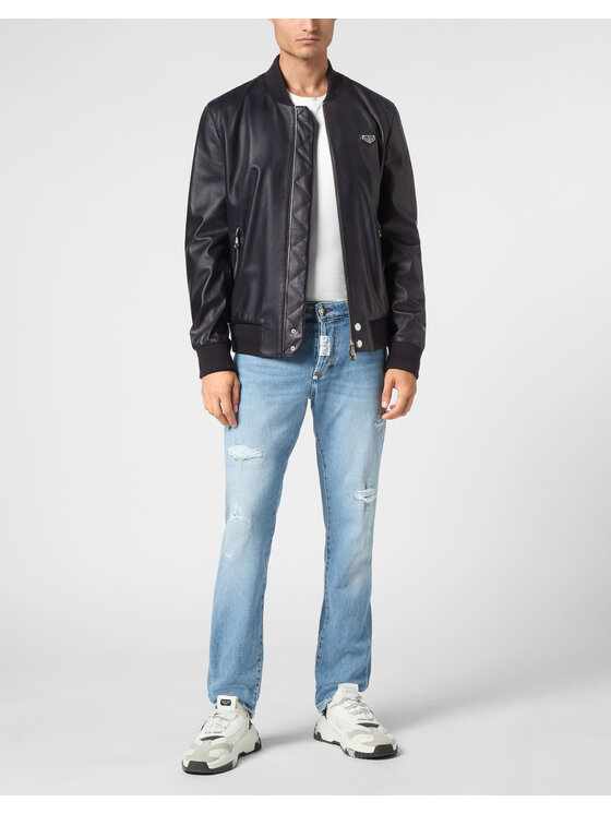 PHILIPP PLEIN PHILIPP PLEIN Kožená bunda 9485 Světle modrá Regular Fit