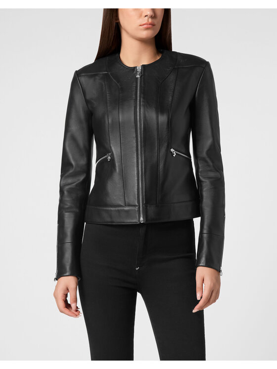 PHILIPP PLEIN PHILIPP PLEIN Kožená bunda 9471 Čierna Slim Fit