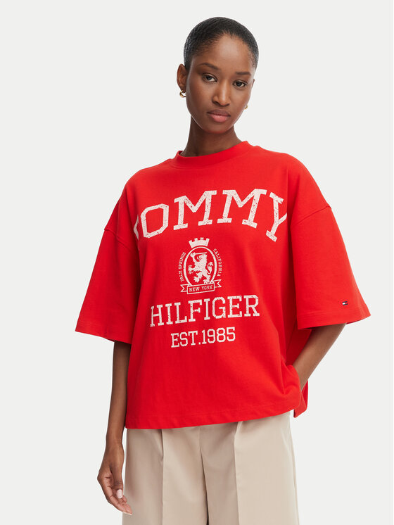 Tommy Hilfiger Tricou Varsity Crest WW0WW50940 Roșu Oversize
