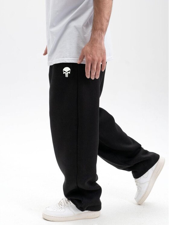 Marvel Marvel Spodnie dresowe Baggy Męskie Czarne Marvel Punisher Small Logo XL Czarny Baggy Fit