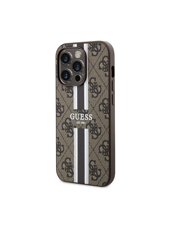 Guess Guess Etui na telefon 4G Printed Stripes MagSafe Brązowy
