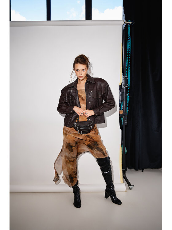 Mimika Mimika Kurtka skórzana Boss Jacket z brązowej, teksturowanej skóry Brązowy Oversize