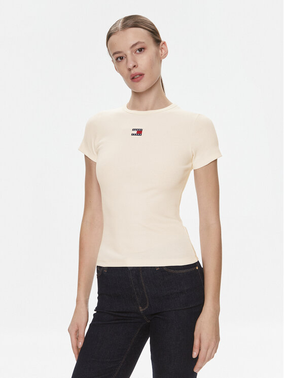Tommy Jeans Tricou Badge DW0DW17881 Crem Slim Fit
