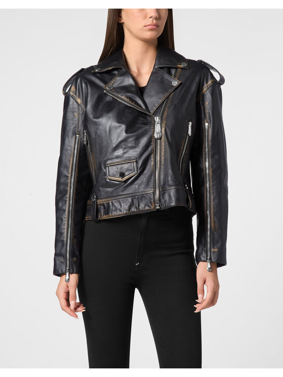 PHILIPP PLEIN PHILIPP PLEIN Kožená bunda 19351 Černá Regular Fit