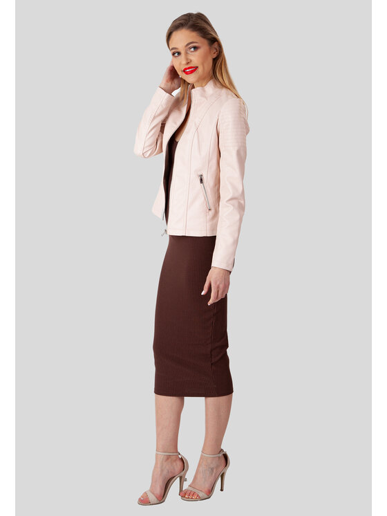Perso Perso Kurtka z imitacji skóry ze stójką Różowy Slim Fit