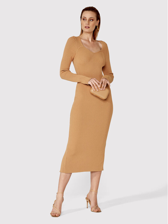 Simple Simple Sukienka dzianinowa SUD022 Brązowy Slim Fit