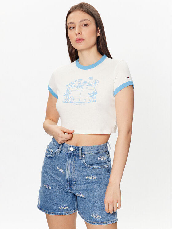 Tommy Jeans T-krekls Homegrown DW0DW15478 Balts Cropped Fit