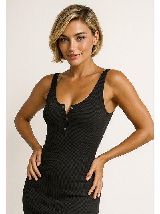 Nudyess Nudyess Vestito estivo Louisiana midi z prążka Nero Fitted Fit