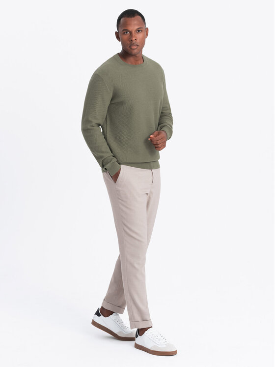 Ombre Ombre Sweter OM-SWSW-0110 Khaki Relaxed Fit