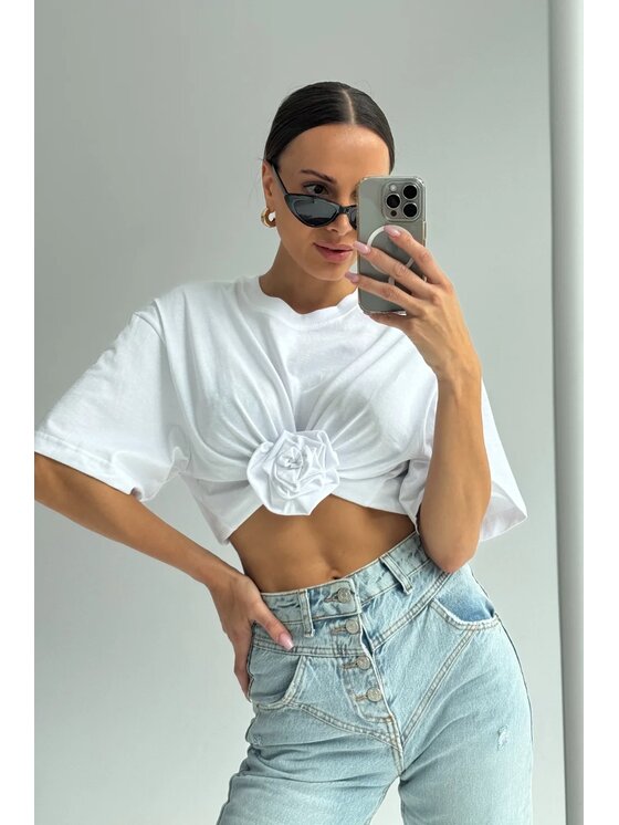 Chiara Wear Chiara Wear T-Shirt T-shirt crop top z różą ROSE Biały Oversize