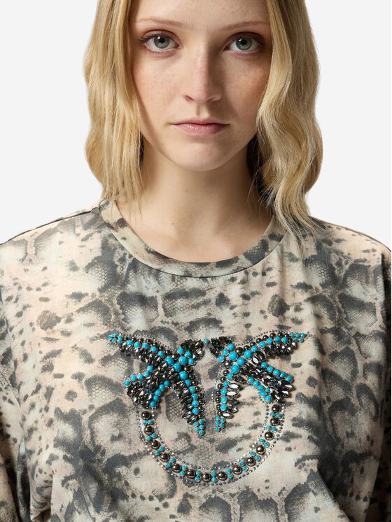 PINKO PINKO T-Shirt T-shirt cropped con stampa snake e Love Birds Beżowy Regular Fit