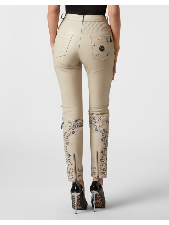PHILIPP PLEIN PHILIPP PLEIN Spodnie skórzane 8925 Beżowy Long Fit