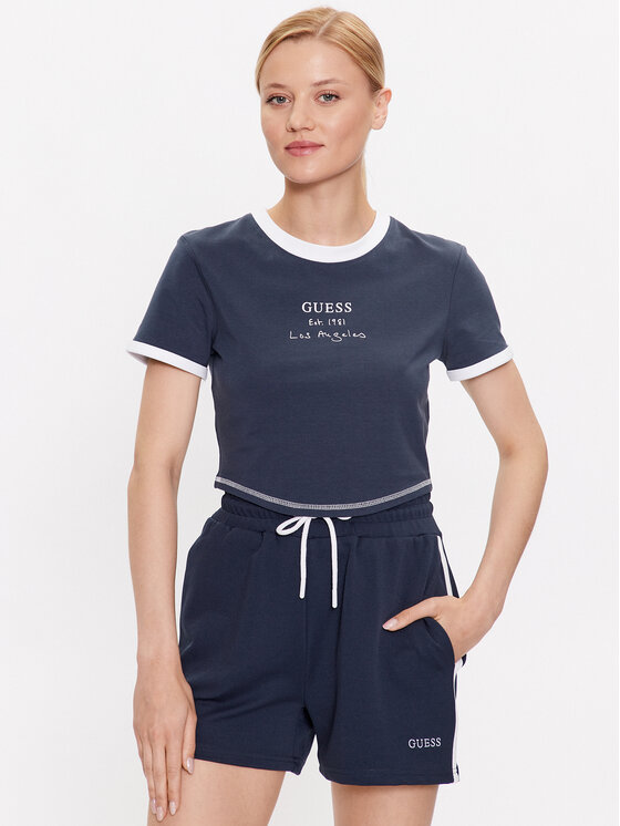 Guess T-krekls Signature V3GI02 KBNW0 Tumši zils Slim Fit